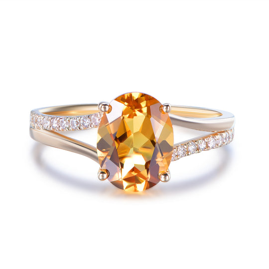 2-Carat Oval Citrine and Diamond Engagement Ring | 14K Gold/Silver Split Shank November Birthstone Gift