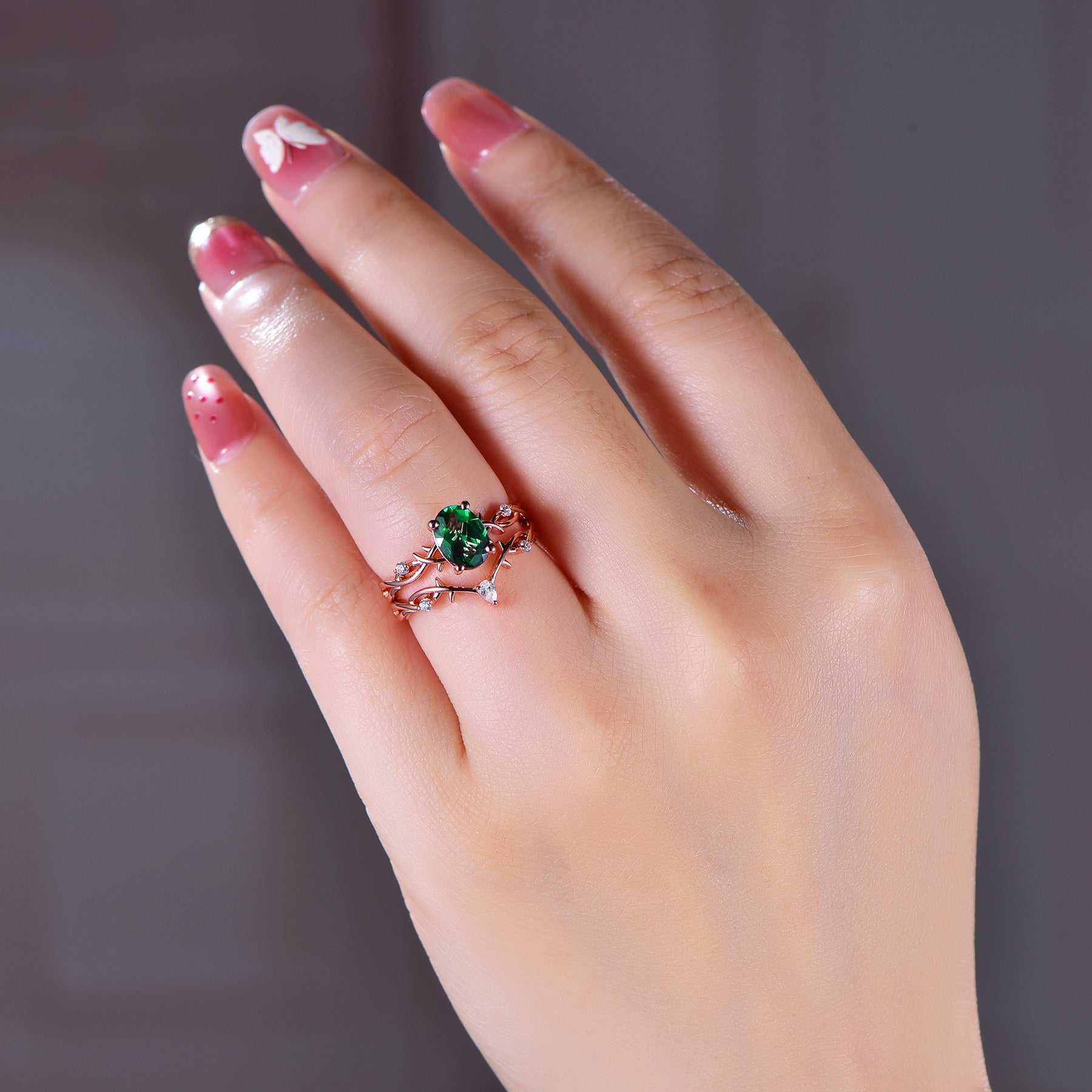 Oval Emerald Vine Bridal Set,  14K Gold/Silver