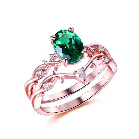 Oval Emerald Vine Bridal Set,  14K Gold/Silver