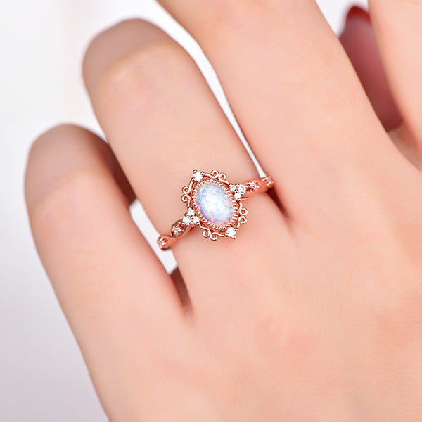 Vintage Style Oval Africa Opal Moissanite Floral Engagement Ring in 14K Gold