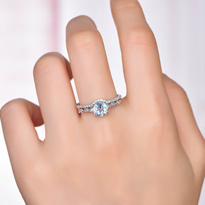 Art Deco Round Aquamarine Ring Contour Diamond Bridal Set