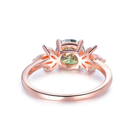 Round Green Moissanite Engagement Ring with Marquise Moissanite accent Leaf Ring