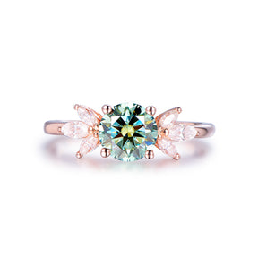 Round Green Moissanite Engagement Ring with Marquise Moissanite accent Leaf Ring
