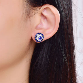 Round Sapphire Moissanite Stud Earrings 14K White Gold