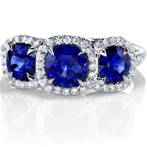 Reserved for LQ - 3 Stone Ring, Lab Blue Sapphire Halo Ring in 14k White Gold