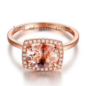 Oval Morganite Engagement Ring Pave Diamonds Cushion Halo14K Rose Gold 6x8mm - Lord of Gem Rings - 1