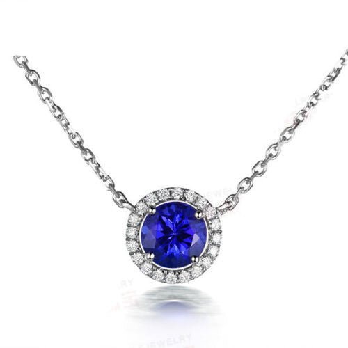AAA Natural Blue Tanzanite VVS-G Diamonds 18K White Gold Pendant For Necklace