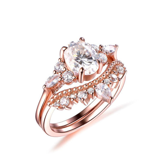 Accented Oval Moissanite Bridal Set Milgrain Tiara Diamond Band