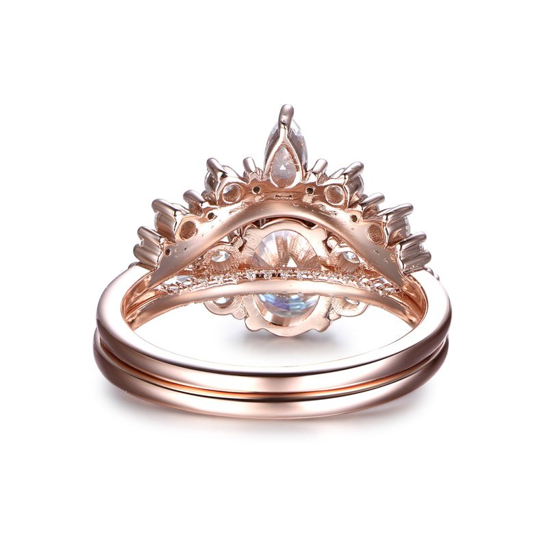 Accented Oval Moissanite Bridal Set Milgrain Tiara Diamond Band - Lord of Gem Rings