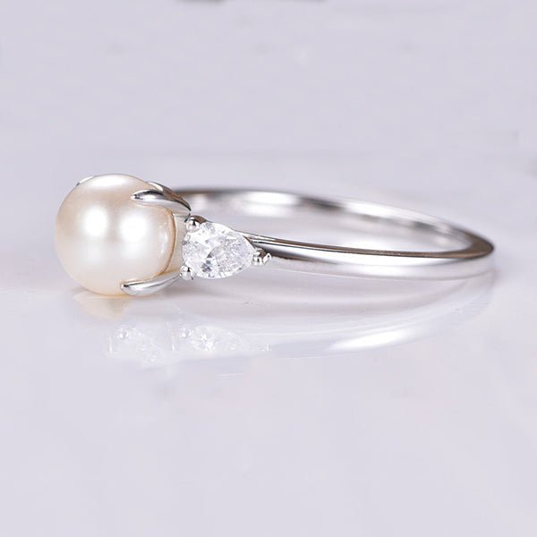Akoya Pearl Ring Pear White topaz Three-Stone Ring 14K Gold - Lord of Gem Rings