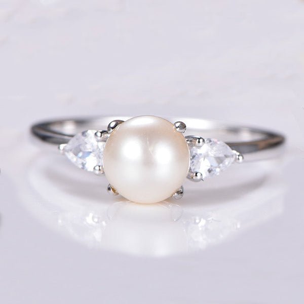 Akoya Pearl Ring Pear White topaz Three-Stone Ring 14K Gold - Lord of Gem Rings