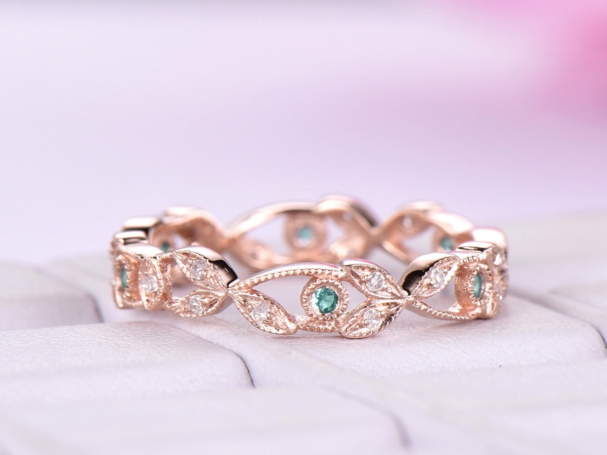 Alexandrite Diamond Leaf Vine June Birthstone Band 14K Rose Gold - Lord of Gem Rings