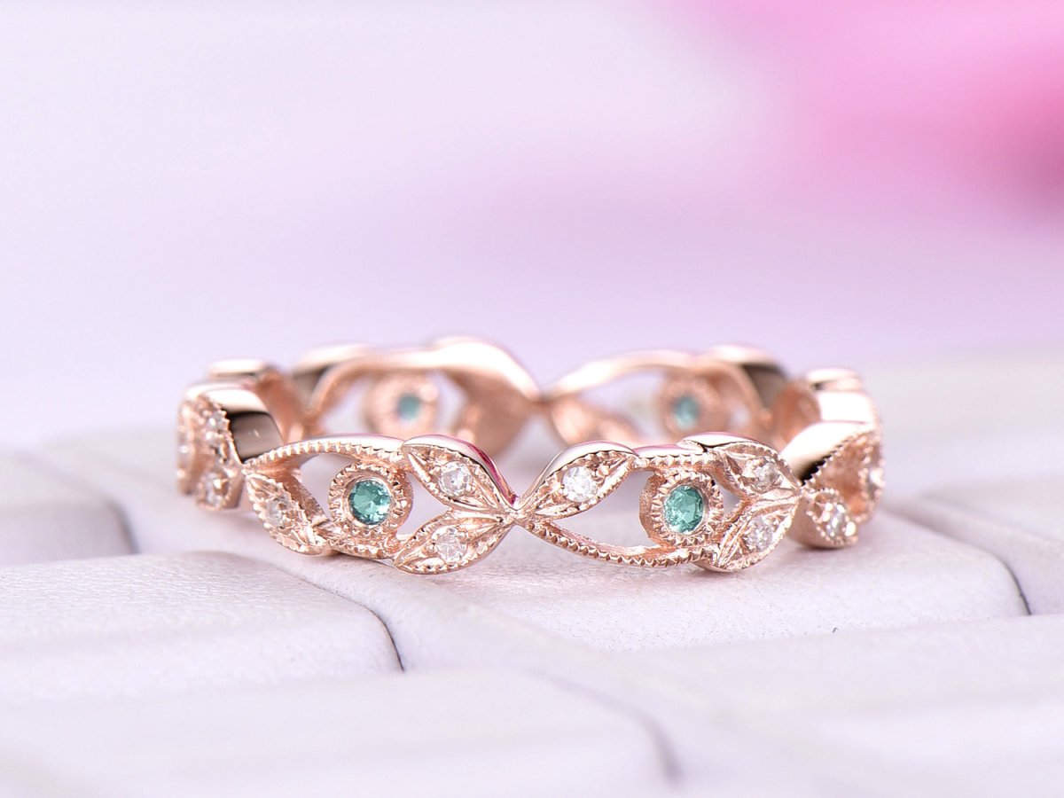 Alexandrite Diamond Leaf Vine June Birthstone Band 14K Rose Gold - Lord of Gem Rings