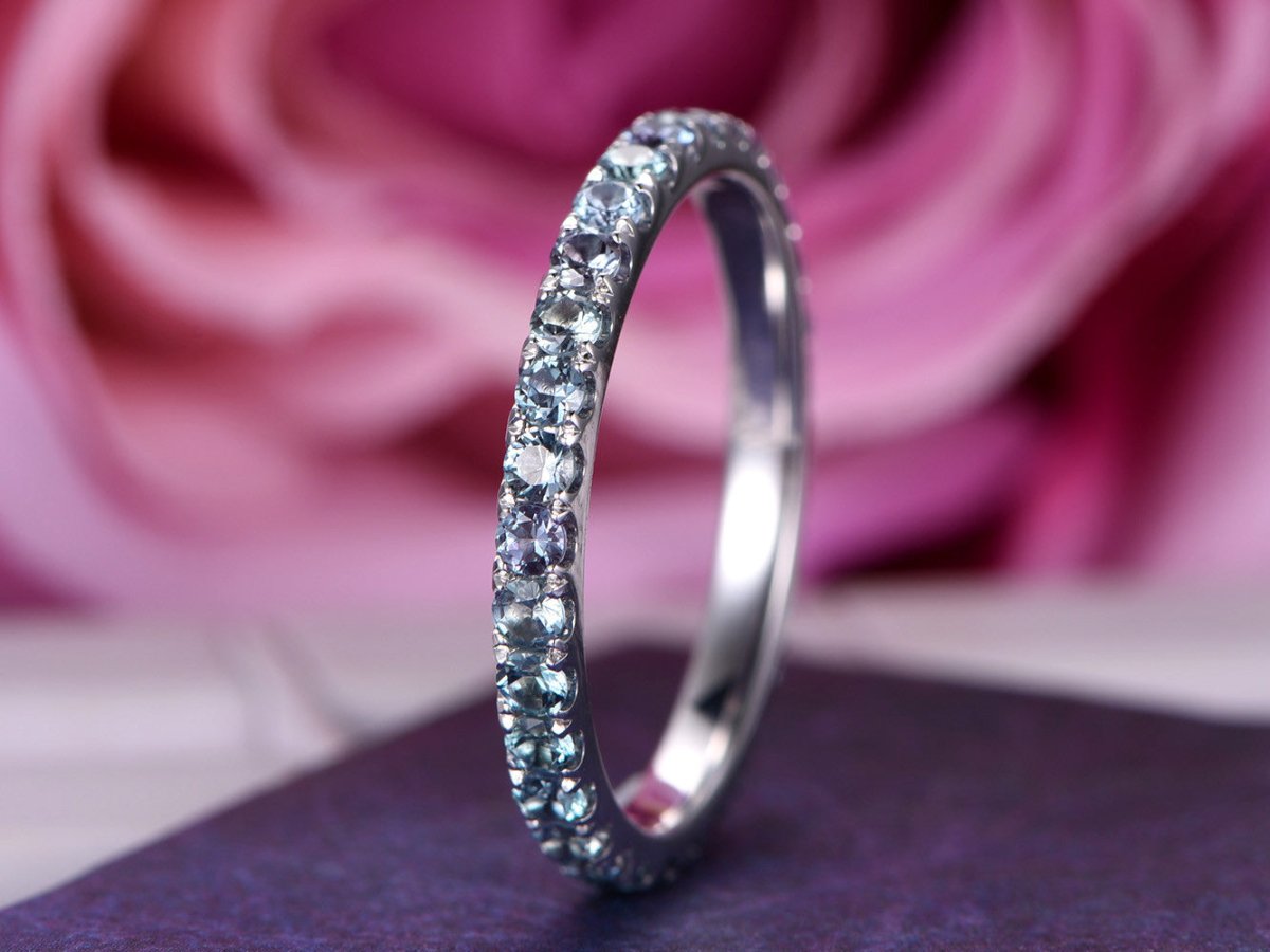 Alexandrite Wedding Band Eternity Anniversary Ring 14K White Gold - Lord of Gem Rings