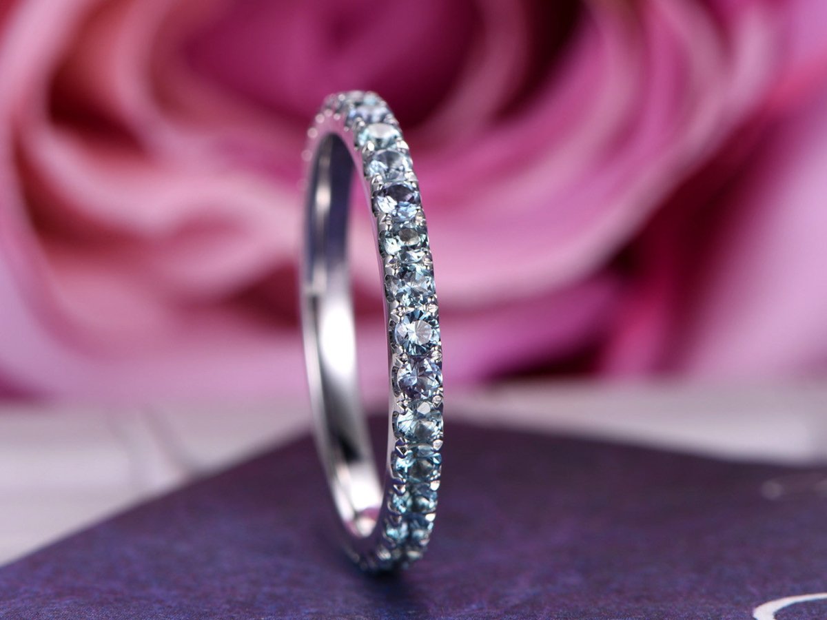 Alexandrite Wedding Band Eternity Anniversary Ring 14K White Gold - Lord of Gem Rings