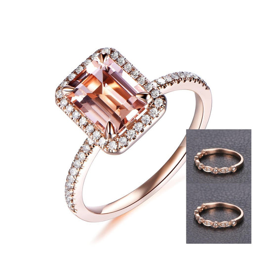 Alisha- 6x8mm Emerald Cut Morganite Engagement Ring and Vintage Bands in 14K Rose Gold