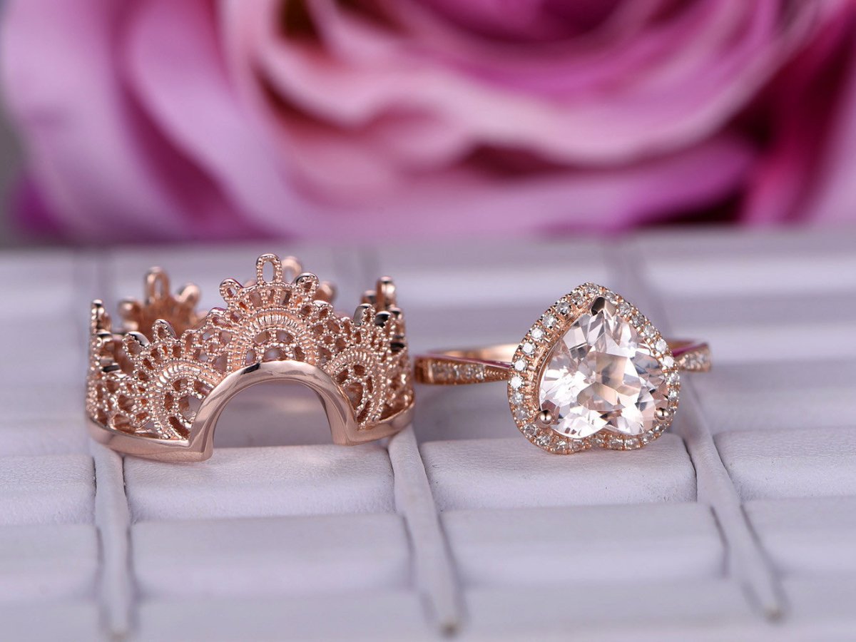 Amazing Heart Morganite Ring Contour Tiara Bridal Set - Lord of Gem Rings