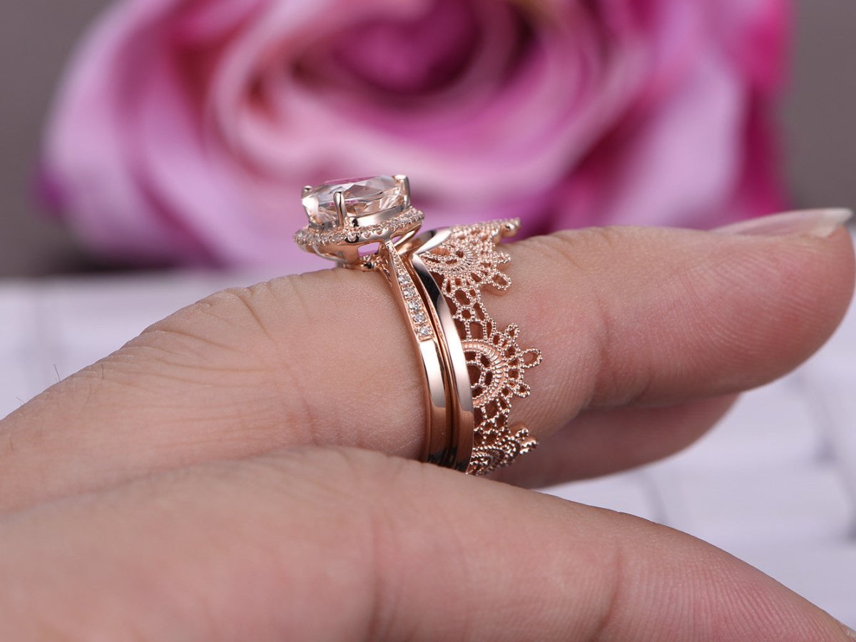 Amazing Heart Morganite Ring Contour Tiara Bridal Set - Lord of Gem Rings