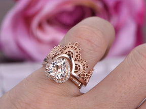 Amazing Heart Morganite Ring Contour Tiara Bridal Set - Lord of Gem Rings