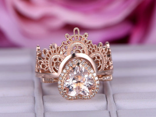 Amazing Heart Morganite Ring Contour Tiara  Bridal Set