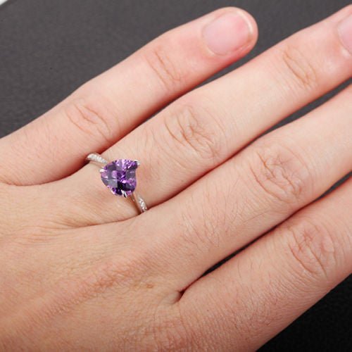 Amethyst Diamond Irregular Heart Shaped Ring 14K White Gold, Claw Prongs - Lord of Gem Rings