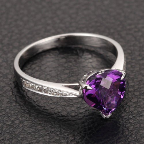 Amethyst Diamond Irregular Heart Shaped Ring 14K White Gold, Claw Prongs - Lord of Gem Rings