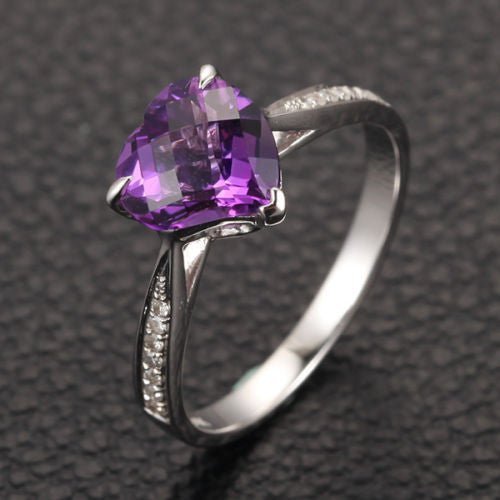 Amethyst Diamond Irregular Heart Shaped Ring 14K White Gold, Claw Prongs