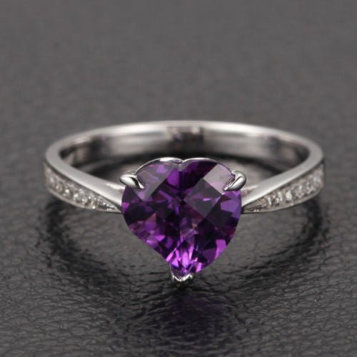 Amethyst Diamond Irregular Heart Shaped Ring 14K White Gold, Claw Prongs - Lord of Gem Rings