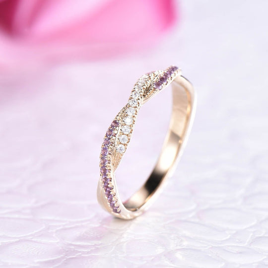 Amethyst Diamond Twisted February Birthstone Band