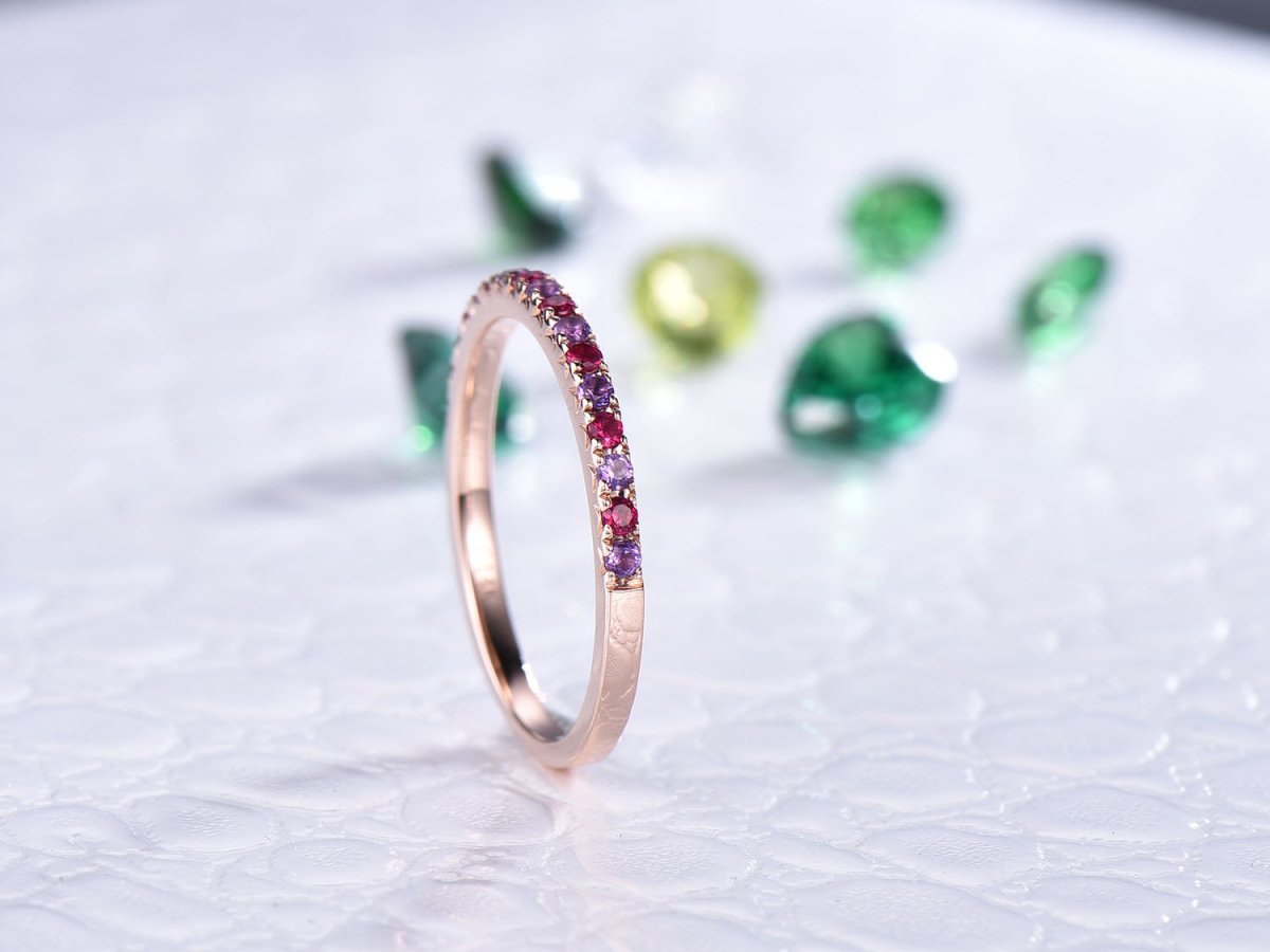 Amethyst Ruby Half Eternity February July Birthstone Band 14K Rose Gold - Lord of Gem Rings