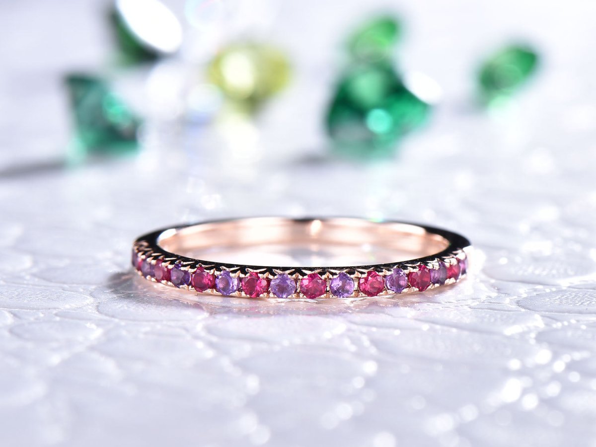 Amethyst Ruby Half Eternity February July Birthstone Band 14K Rose Gold - Lord of Gem Rings