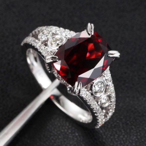 Antique Style Cushion Garnet Diamond Accents Engagement Ring