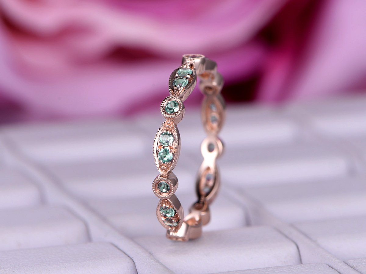 Art Deco Alexandrite Milgrain Marquise and Dot June Birthstone Band - Lord of Gem Rings