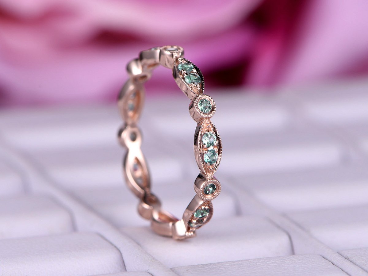 Art Deco Alexandrite Milgrain Marquise and Dot June Birthstone Band - Lord of Gem Rings