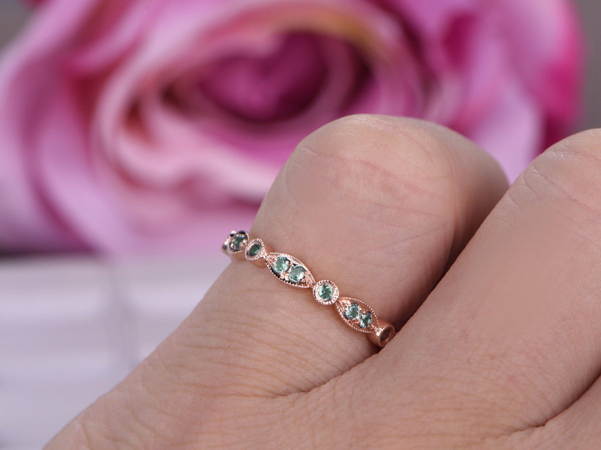 Art Deco Alexandrite Milgrain Marquise and Dot June Birthstone Band - Lord of Gem Rings