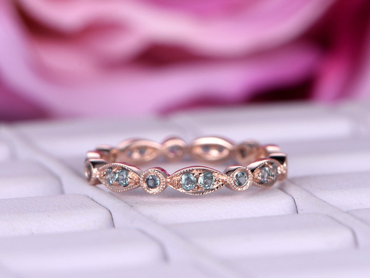 Art Deco Alexandrite Milgrain Marquise and Dot June Birthstone Band - Lord of Gem Rings