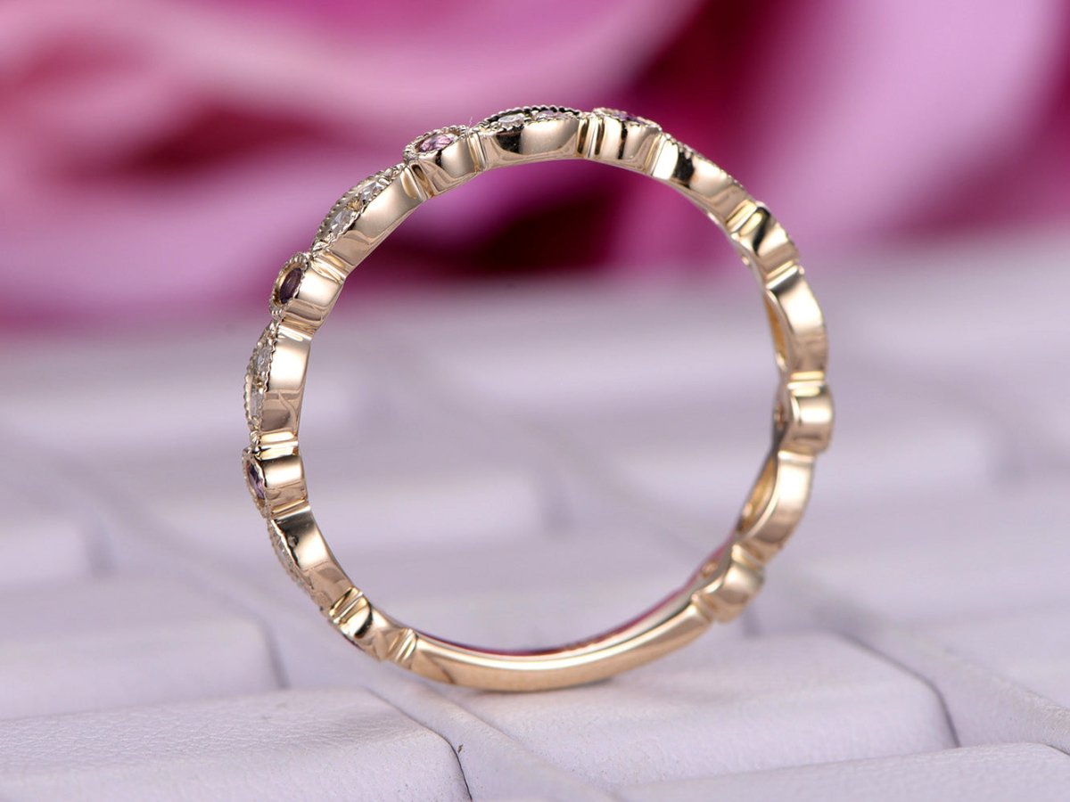 Art Deco Amethyst Diamond 3/4 Eternity February Birthstone Band 14K Rose Gold - Lord of Gem Rings