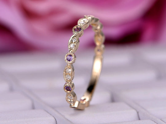 Art Deco Amethyst Diamond 3/4 Eternity February Birthstone Band 14K Rose Gold
