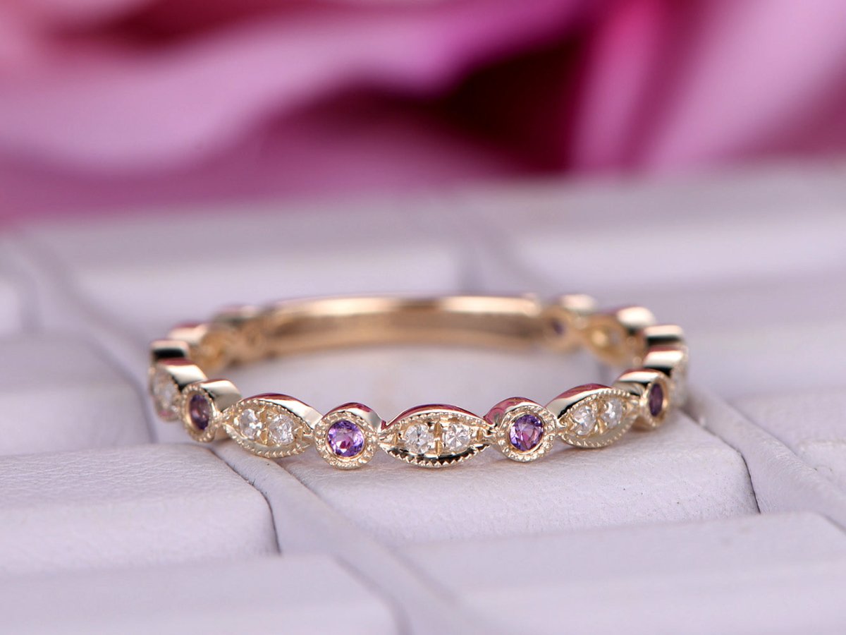 Art Deco Amethyst Diamond 3/4 Eternity February Birthstone Band 14K Rose Gold - Lord of Gem Rings