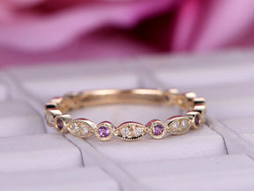 Art Deco Amethyst Diamond 3/4 Eternity February Birthstone Band 14K Rose Gold - Lord of Gem Rings