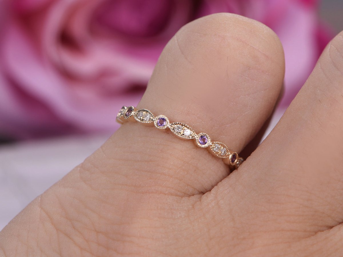 Art Deco Amethyst Diamond 3/4 Eternity February Birthstone Band 14K Rose Gold - Lord of Gem Rings