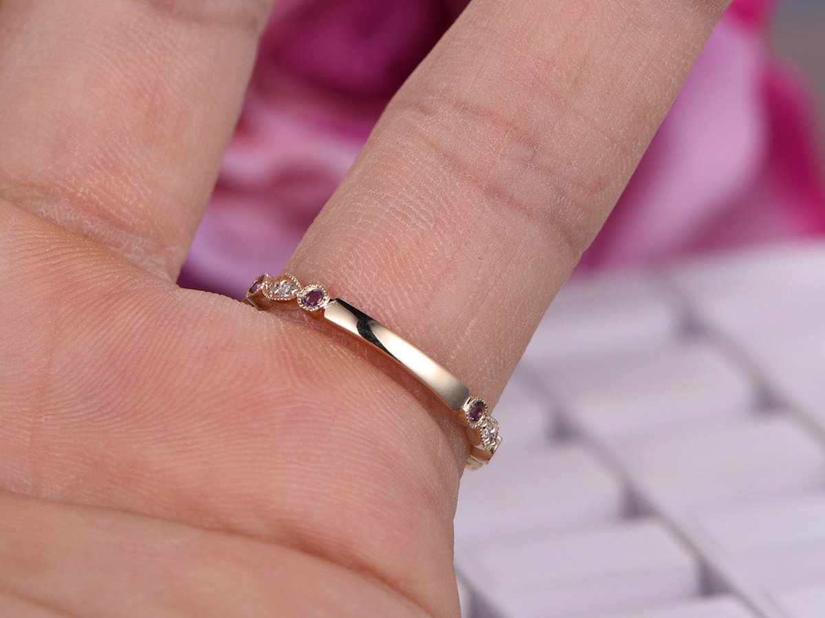 Art Deco Amethyst Diamond 3/4 Eternity February Birthstone Band 14K Rose Gold - Lord of Gem Rings