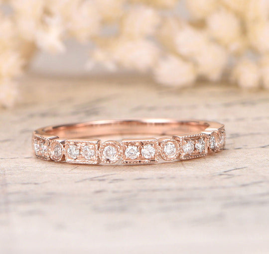 Art Deco Antique Moissanite Half Eternity Wedding Band with Milgrain