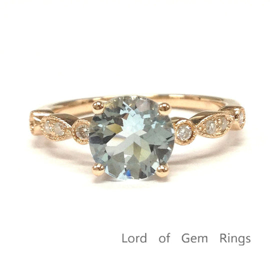 Art Deco Antique Round Aquamarine Diamond Engagement Ring