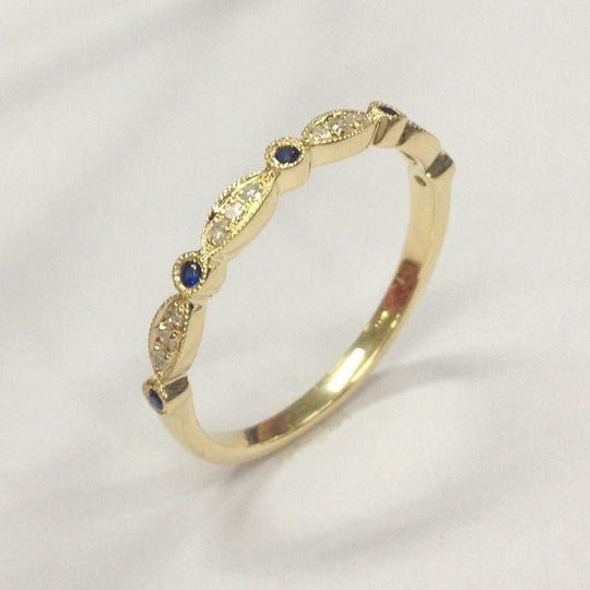 Art Deco Blue Sapphire Diamond Triple Stone September Birthstone Band
