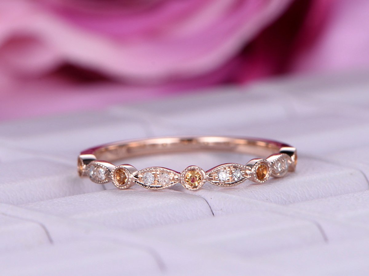 Art Deco Champagne White Diamond Wedding Band Half Eternity - Lord of Gem Rings