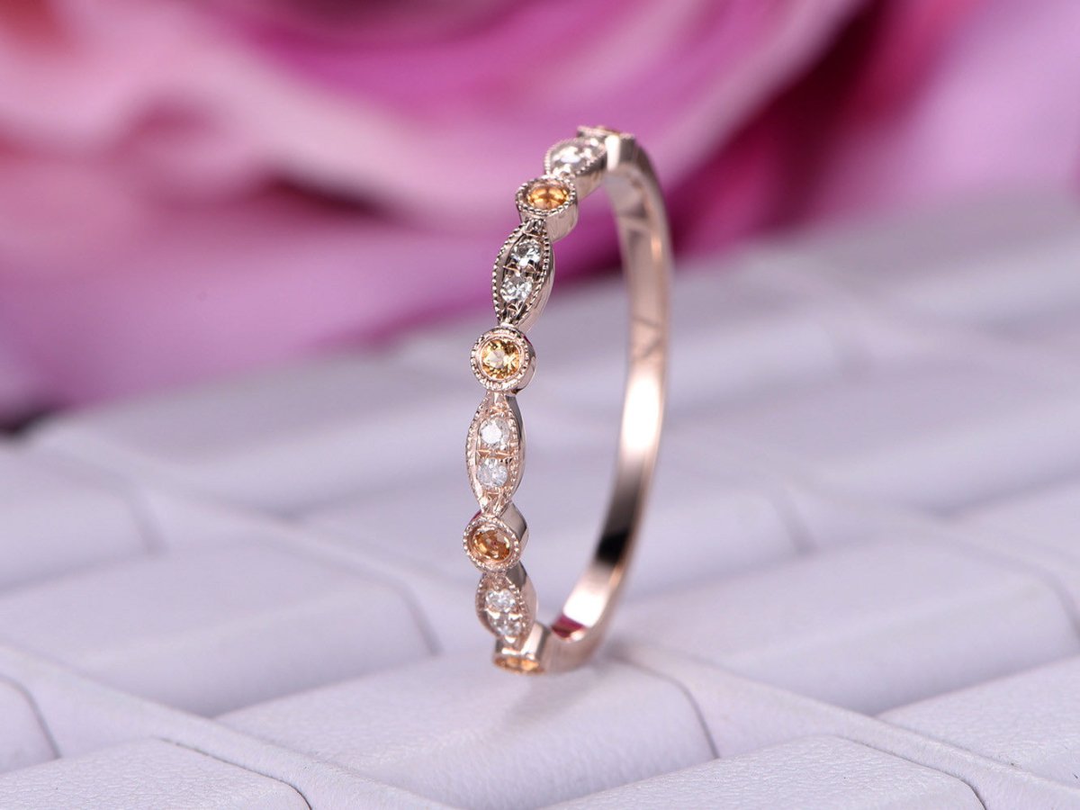 Art Deco Champagne White Diamond Wedding Band Half Eternity - Lord of Gem Rings
