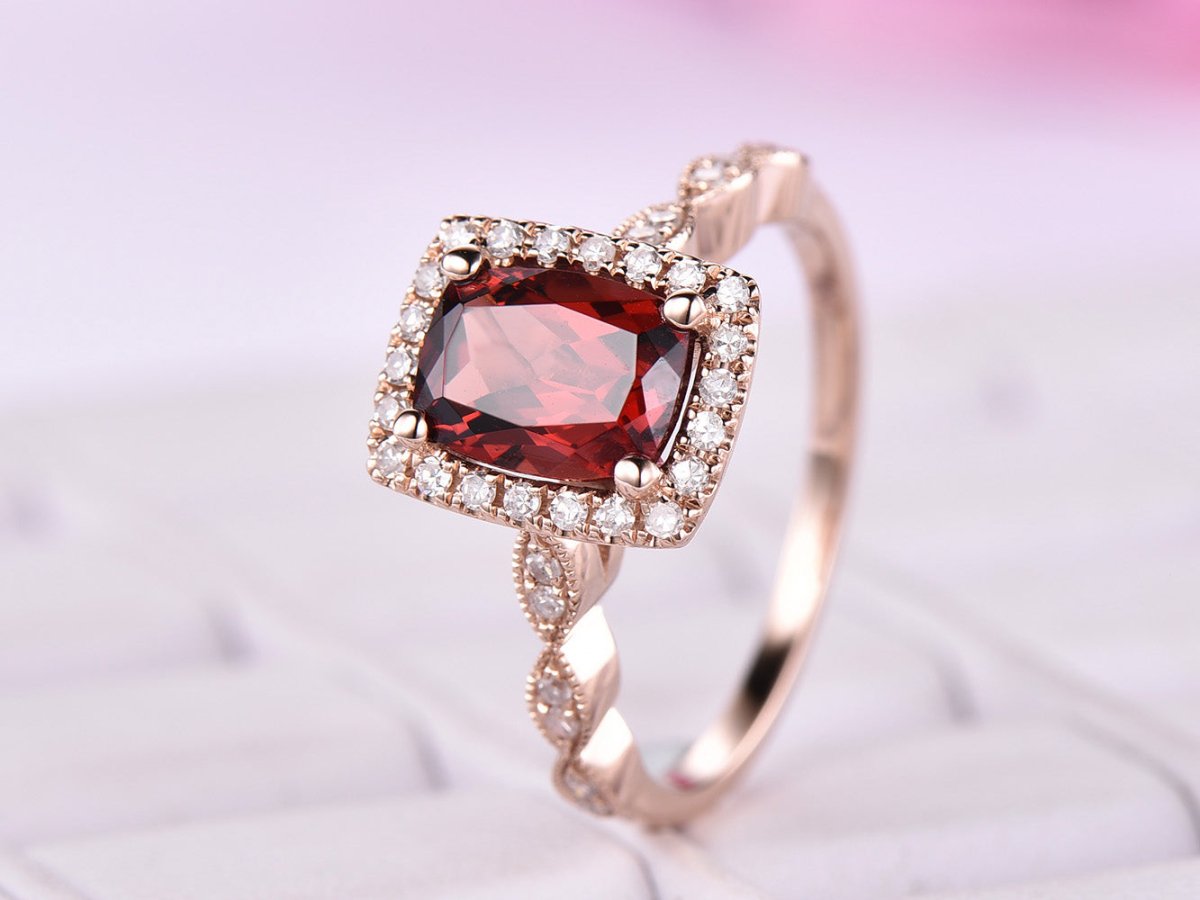 Art Deco Cushion Garnet Diamond Engagement Ring - Lord of Gem Rings