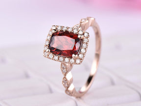 Art Deco Cushion Garnet Diamond Engagement Ring - Lord of Gem Rings