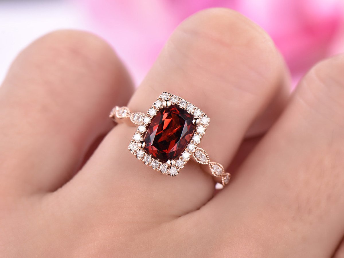 Art Deco Cushion Garnet Diamond Engagement Ring - Lord of Gem Rings